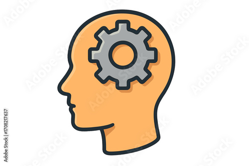 Head with gear icon. Thinking process concept. Symbol of logic, intelligence, creativity, brainstorming. Metaphor for human mind, mental health, psychology. Problem-solving idea.