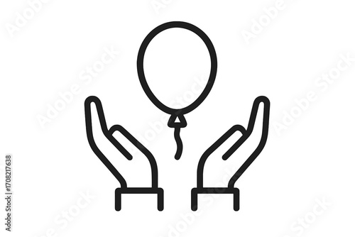 Hands holding balloon icon. Let go of dream, hope, care, and support symbol. Minimal linear pictogram for celebration, party, or birthday. Freedom and happiness concept.