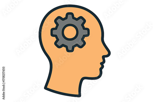 Thinking process icon with gear in head. Mental work and creative idea generation concept. Brain activity, problem solving, and strategy symbol. Psychology and intellect metaphor.