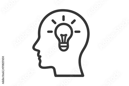 Lightbulb in human head line icon. Metaphor for idea, creativity, innovation, and solution. Brainstorming, thinking process. Mind, intelligence, knowledge, genius vector.