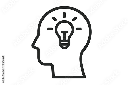 Human head with glowing light bulb. New idea concept. Symbol of creativity, innovation, mind, solution, inspiration. Brainstorming process. Pictogram for web design. Vector.