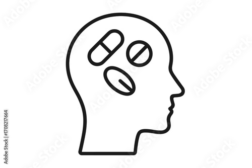Concept of mental health treatment with drugs. Head silhouette with pills. Metaphor for medication, pharmacology, addiction, depression, psychology, headache, and painkiller. Vector icon.