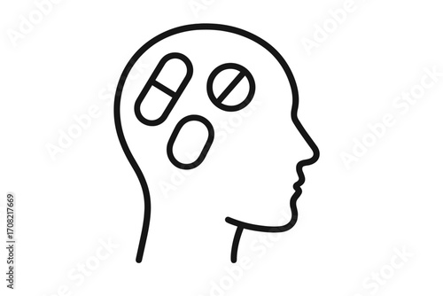 Pills in head outline icon. Metaphor for mental health, medication, treatment, psychology. Concept for depression, anxiety, addiction, pharmacy. No drugs, side effects idea.