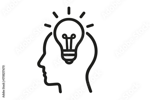 Idea in head concept. Lightbulb in human head silhouette. Innovation, creativity, and inspiration symbol. Thinking process, solution finding, brainstorming, and knowledge icon.