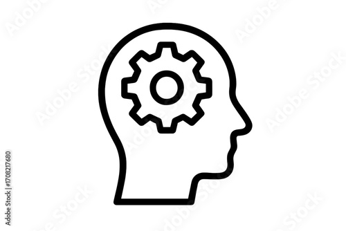 Head with gear icon. Thinking process, problem solving, brainstorming concept. Psychology, mental health, mindset, and strategy symbol. Minimal vector line art illustration.
