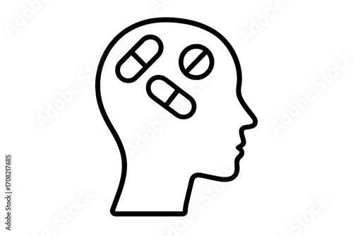Concept of drug addiction and mental health treatment. Head silhouette with pills, tablets inside. Metaphor for medication dependence, pharmacology, and psychology. Line icon.