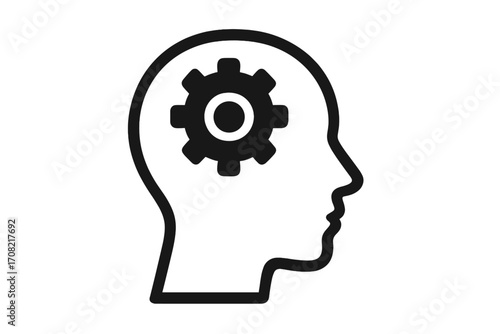 Thinking process icon with gear in head. Metaphor for mental health, psychology, and brainstorming. Concept of innovation, strategy, solution, creativity and intelligence.