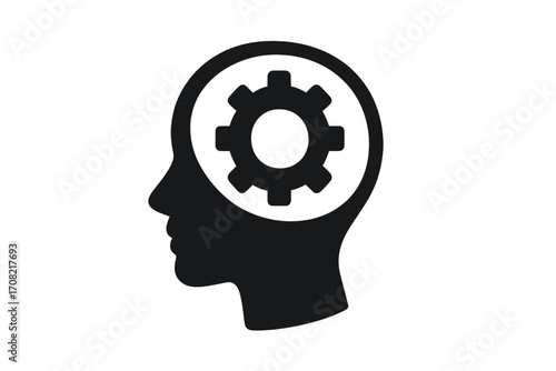Thinking process icon, gear in head. Brainstorming and problem solving concept. Metaphor for intellect, psychology, mental health. Mind mechanics, cogwheel settings symbol.