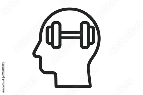 Mental strength and willpower concept. Strong mind and resilience metaphor. Head with dumbbell icon. Psychology and mental health training. Brain power and discipline symbol.