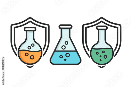 Science icon set. Chemistry lab flask with shield for protection concept. Secure chemical research, biotechnology experiment, scientific analysis vector illustration symbol.