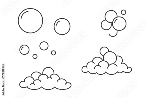 Bubble and foam line icon set. Simple vector outline illustration of soap suds, lather, and fizzy drink bubbles. Editable stroke for easy customization. Minimalist cartoon design.