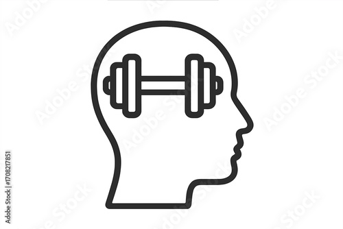 Mental strength and willpower icon. Dumbbell in head symbolizing a strong mind. Brain training, psychology and resilience concept. Self discipline and mental fortitude vector.