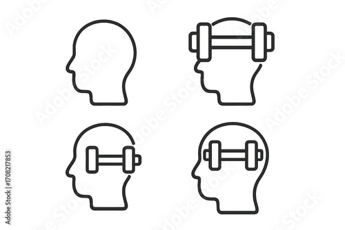 Mental strength and mindset training icon set. Dumbbell in head metaphor for willpower, psychology, resilience. Brain power, mental health and self improvement concept.