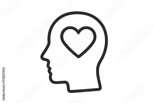 Heart in head outline icon. Metaphor for love, feelings, and emotions. Emotional intelligence, psychology, and mental wellness concept. Empathy, passion, and romance symbol.