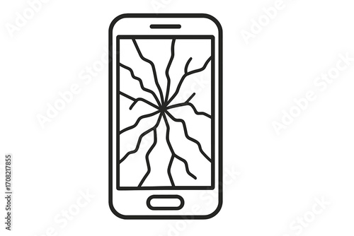 Broken smartphone screen outline. Cracked phone display icon. Damaged mobile device symbol. Cellphone repair service concept. Shattered glass from accident. Tech problem vector.