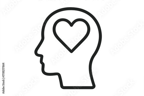 Heart in head silhouette. Love, emotion, and feelings concept. Emotional intelligence, empathy, and compassion symbol. Mental health, psychology, and wellness icon design.
