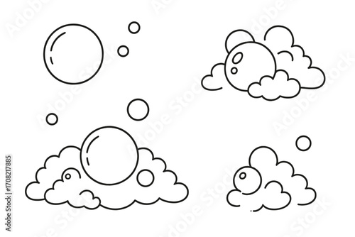 Soap bubbles and foam line art vector icon set. Simple outline cartoon illustration of suds, lather, and fizzy pop. Water, cleaning, and bath concept design elements.