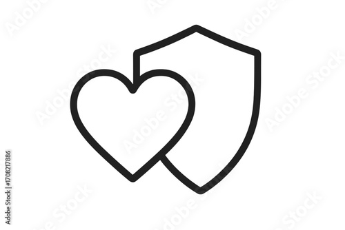 Heart and shield icon for health insurance and medical protection. Vector line symbol of love, safety, and security. Modern outline for cardiology care, wellness, and trust.
