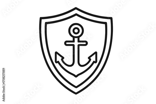 Anchor shield line icon. Concept for maritime security, naval safety, and marine protection. Vector logo for navy, shipping, boat business. Web, app, print graphic design element.