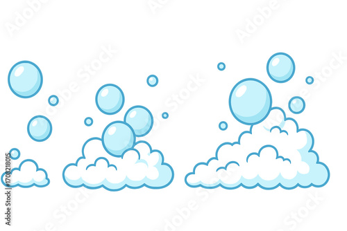 Cartoon soap bubbles and foam vector set. Blue effervescent water suds for washing and cleaning design. Lather and fizzy liquid illustration isolated on transparent background.
