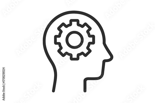 Thinking process icon with gear in head. Symbol of logic, rational mind, and problem-solving. Mental health, psychology, and brainstorming concept. Engineering, settings, and machine learning vector.