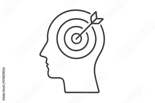 Target in head icon, concept of goal and objective. Arrow in the center of the bullseye as a metaphor for focus, concentration and success. Mind, psychology, achievement.