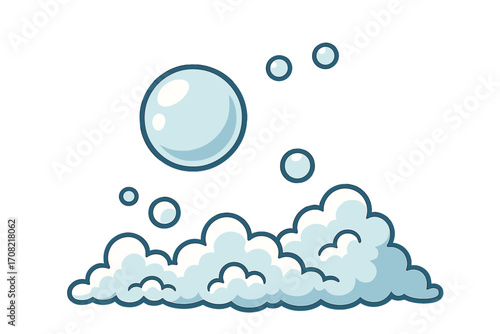 Cartoon soap foam and bubbles vector illustration. Clean sparkling suds for washing and cleaning concepts. Fresh hygiene and bath design element on transparent background.