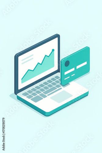 Isometric vector illustration of laptop with financial growth chart and credit card. Concept of online banking, fintech, digital payments and financial technology
