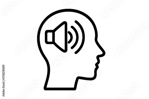 Inner voice, self talk, and communication concept. Head with loudspeaker symbol. Internal monologue, opinion, and propaganda metaphor. Psychology, thoughts, and noise vector.