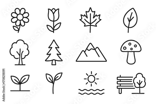 Nature line icon set. Park and outdoor recreation symbols. Vector thin line icons for graphic and web design. Flower, tree, mountain, leaf, plant, mushroom, water, sun.