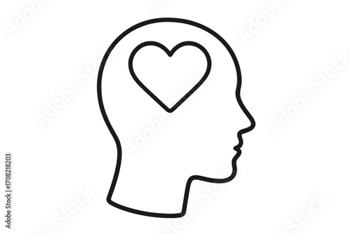Concept of emotional intelligence, empathy, love, and feelings. Head silhouette with a heart inside. Psychology and mental health symbol. Vector icon for self-care and passion.