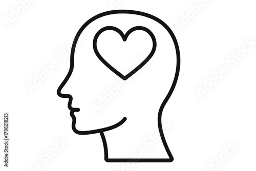 Thinking with heart, love emotion concept. Head profile with heart inside. Mental health, psychology, emotional intelligence, empathy, kindness vector line icon symbol.