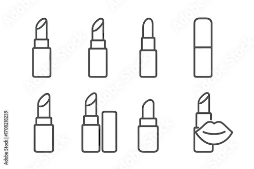 Lipstick line icon set. Cosmetic and makeup graphic symbols. Beauty product pictogram collection. Lip balm, pomade, glamour, lips. Outline vector elements for UI UX design.