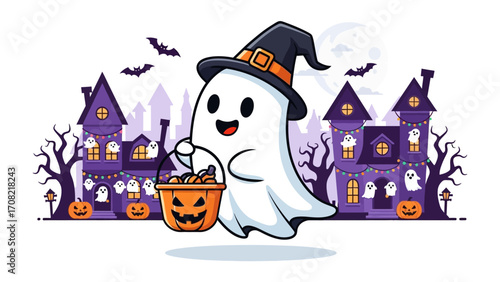 Spooky Ghost with a Festive Twist: A cheerful cartoon ghost dons a witch's hat.