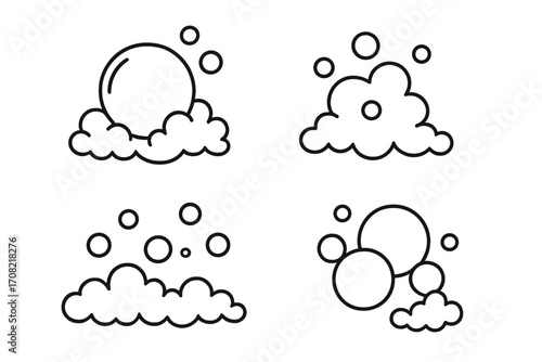 Bubble and foam line icon set. Vector illustration of soap suds, bath lather, and fizzy drink bubbles. Simple outline symbols for cleaning, washing, and carbonated water concepts.