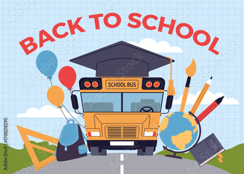 Yellow bus poster. Back to school banner, large graduation cap, kids education, backpack and supplies, car front view, cartoon flat isolated city transport, banner design nowaday vector concept