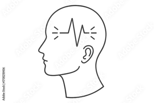 Brain activity vector icon for mental health, stress, or headache. Human head profile with a brainwave or heartbeat pulse. Metaphor for psychology, thinking, and ideas.