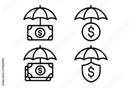 Money insurance line icon set. Financial protection, security, and savings concept. Money under umbrella, investment shield, and wealth safety outline vector signs for web.