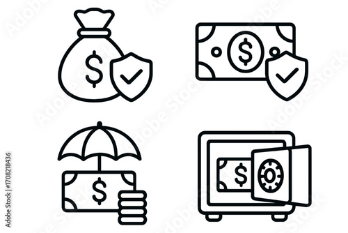 Money insurance and financial protection icon set. Vector outline style symbols for savings, investment security, wealth management, asset safety, and financial guarantee.