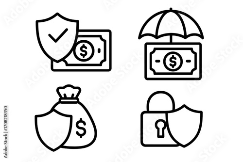 Finance protection and money insurance icon set. Vector outline icons for secure savings, investment safety, and wealth management. Dollar bill with shield, umbrella, lock.
