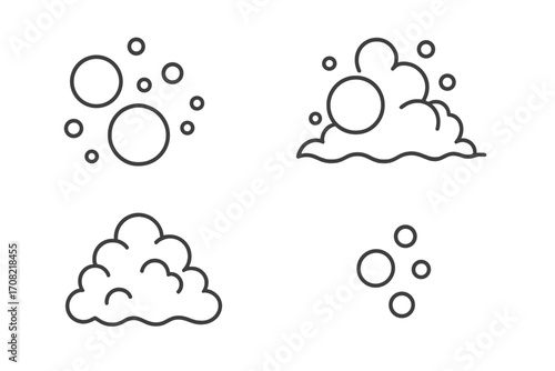 Bubble and foam linear icon set. Soap suds, laundry detergent, and carbonated drink symbols. Vector outline illustration for cleaning, hygiene, and fizzy pop concepts.