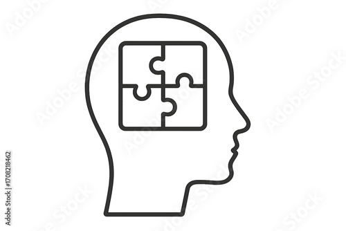 Psychology concept icon. Puzzle in head silhouette. Mental health, problem solving and solution finding metaphor. Logic, mind, therapy and strategy symbol for business.