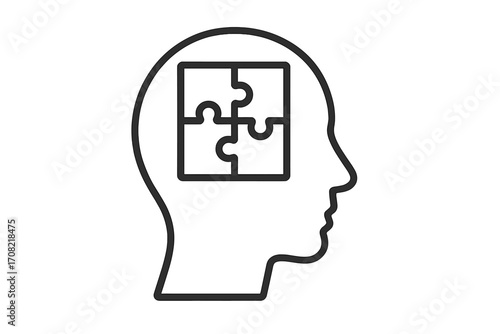 Psychology and mental health concept with puzzle in head icon. Human head silhouette with jigsaw symbolizes problem solving, logic, intelligence, therapy, and memory loss.