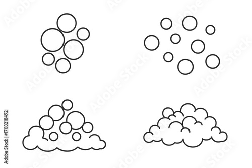 Bubble and foam linear icon set. Simple soap suds, water fizz, and effervescent pop symbols. Vector outline illustration for cleaning, laundry, or carbonated drinks concepts.