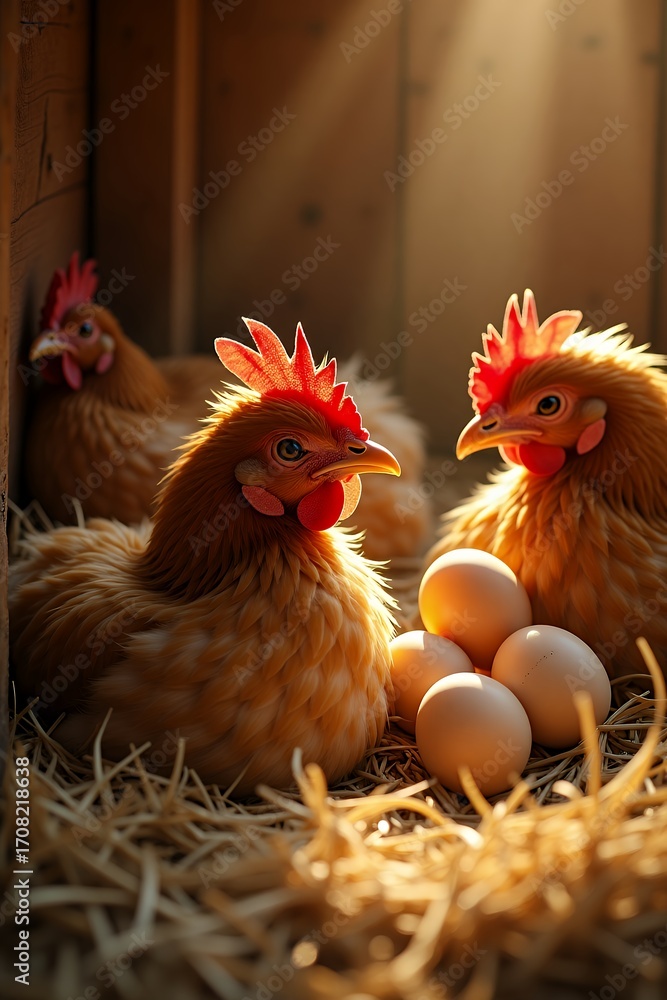 Fototapeta premium Golden Hens and Fresh Eggs A Rustic Farm Scene