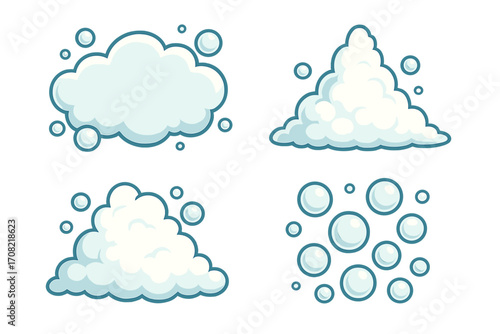Soap foam bubbles vector icon set. Cartoon lather, suds illustration for cleaning, washing. Bath foam, fizzy effervescent water drops. Air bubble element design collection.