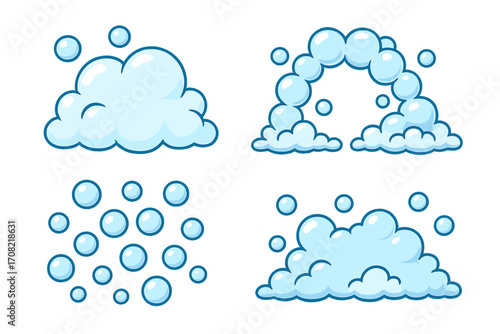 Cartoon soap foam and water bubbles vector icon set. Blue suds illustration collection for cleaning or bath designs. Soapy lather elements. Clean, fresh, abstract concept.