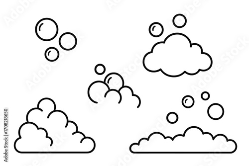 Soap foam and bubbles outline icon set. Simple vector cartoon illustration of suds, lather, and fizz for concepts of washing, cleaning, bath time, and hygiene.