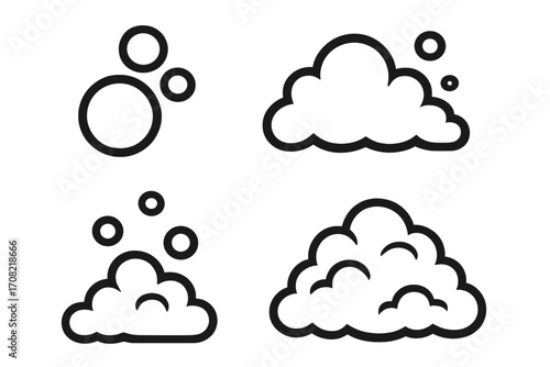 Bubble and foam icon set. Soap suds and lather pictogram collection. Simple outline vector for cleaning, washing concepts. Effervescent, airy fizz and pop illustration.