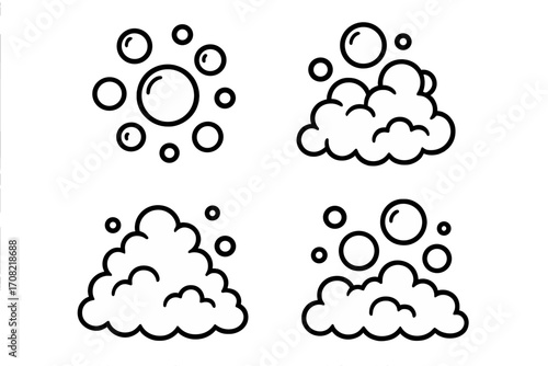 Bubble and foam icon set. Soap suds, lather, and fizzy drink bubbles. Vector line art illustration for cleaning, washing, and carbonated water concepts. Pictogram set.